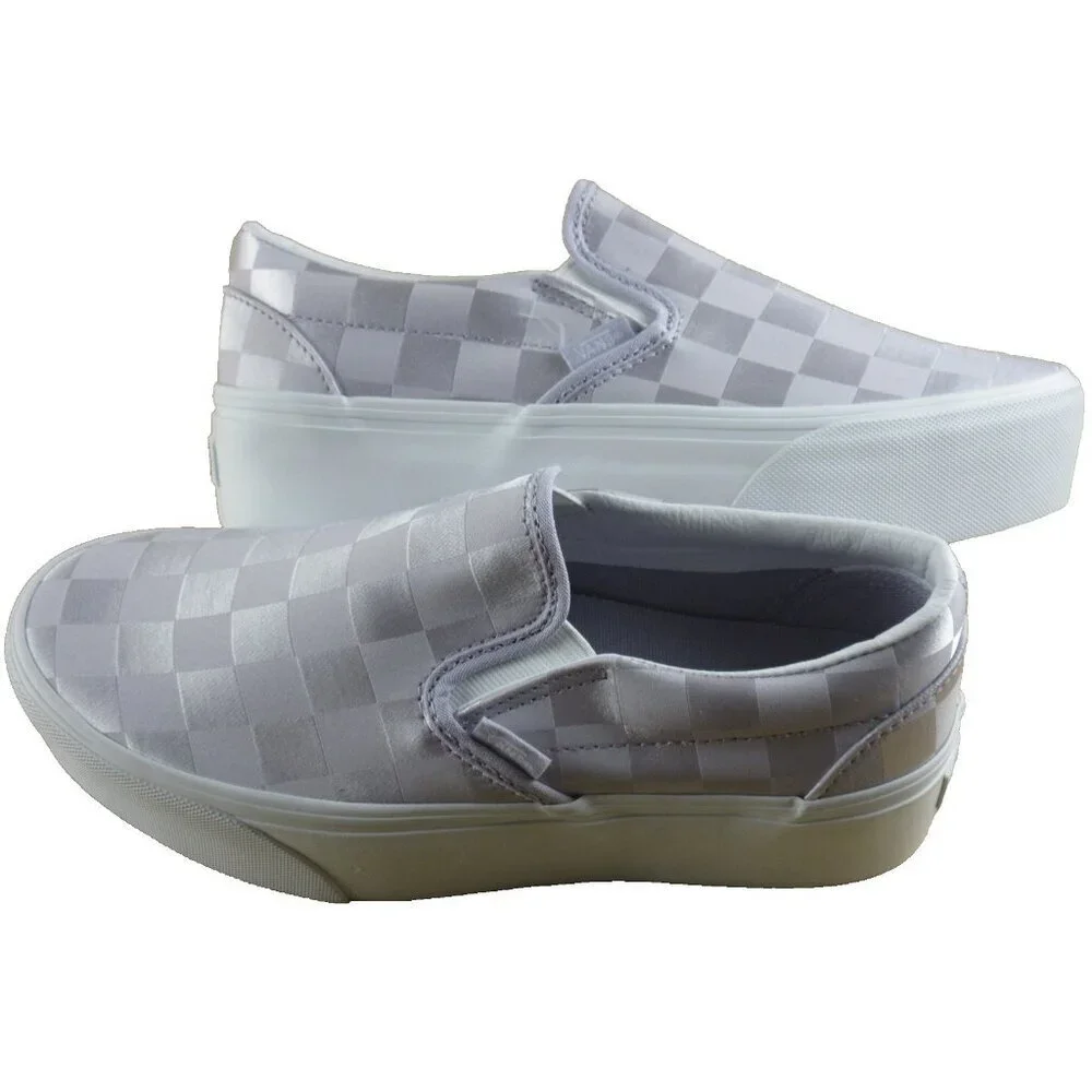 Vans Women's Classic Slip On Stackform Satin Check Lilac Platform Shoes Sizes